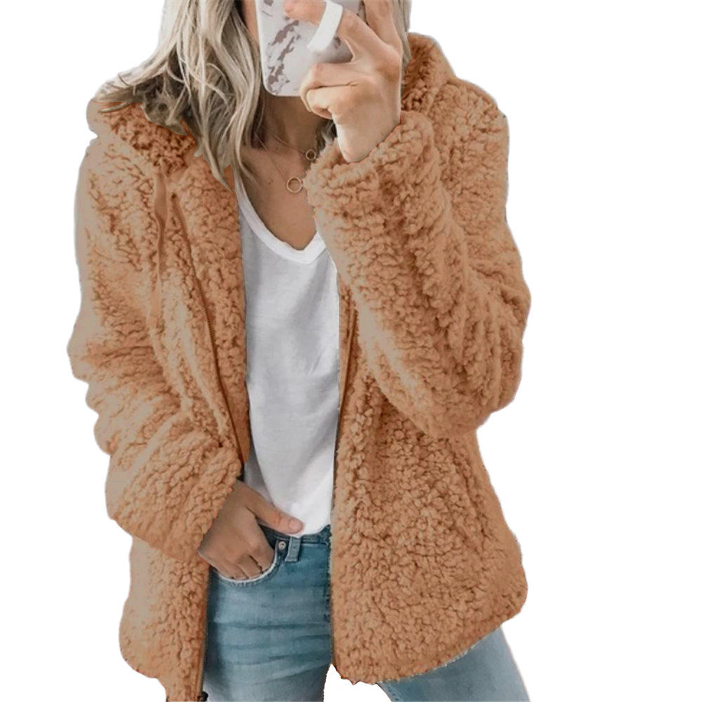 Damenmode | Eleganter Bären Teddy Pelzmantel: Weicher Fleece Mantel mit Taschen und Reißverschluss