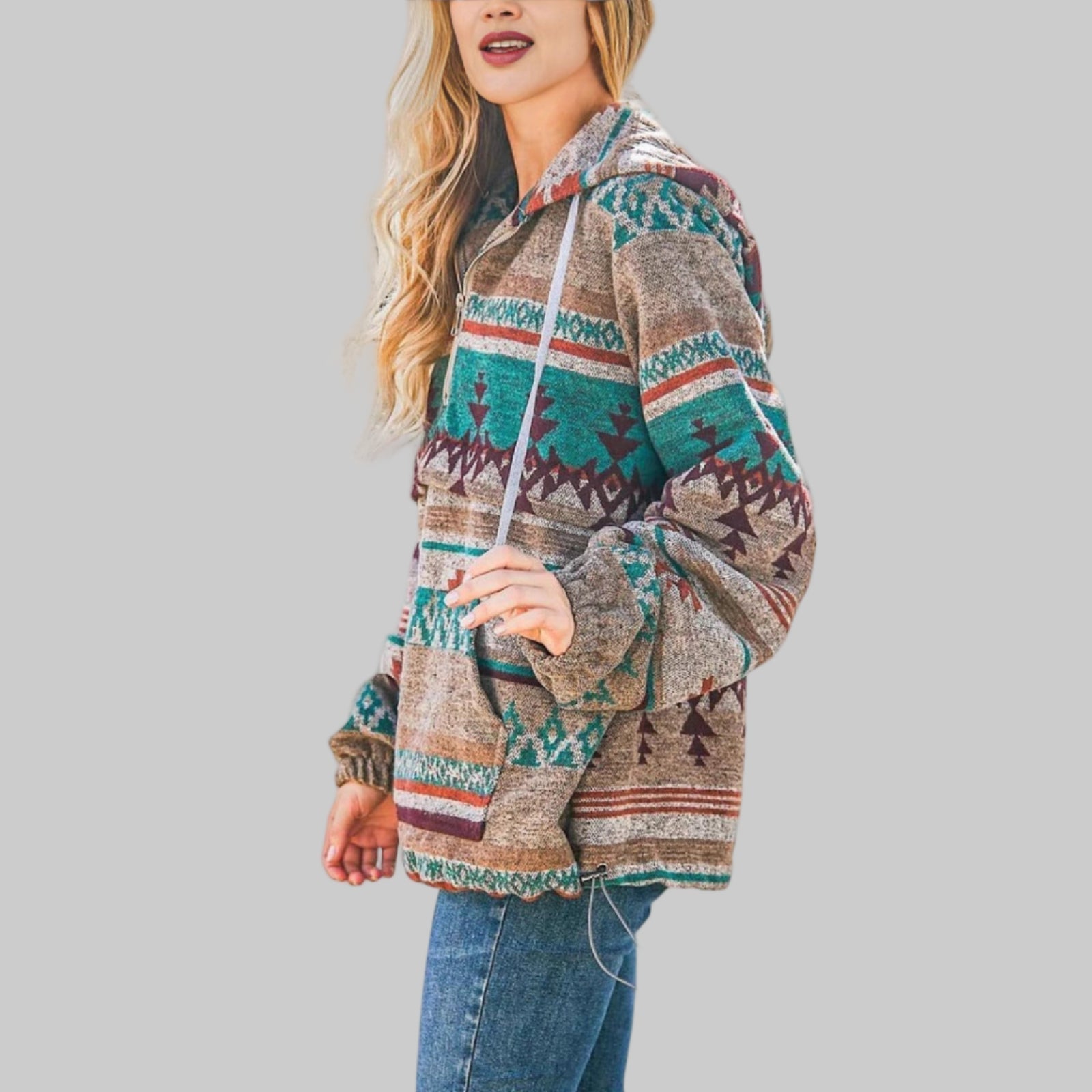 Kapuzenpullover Damen | Ethno-Muster & Half-Zip-Kragen