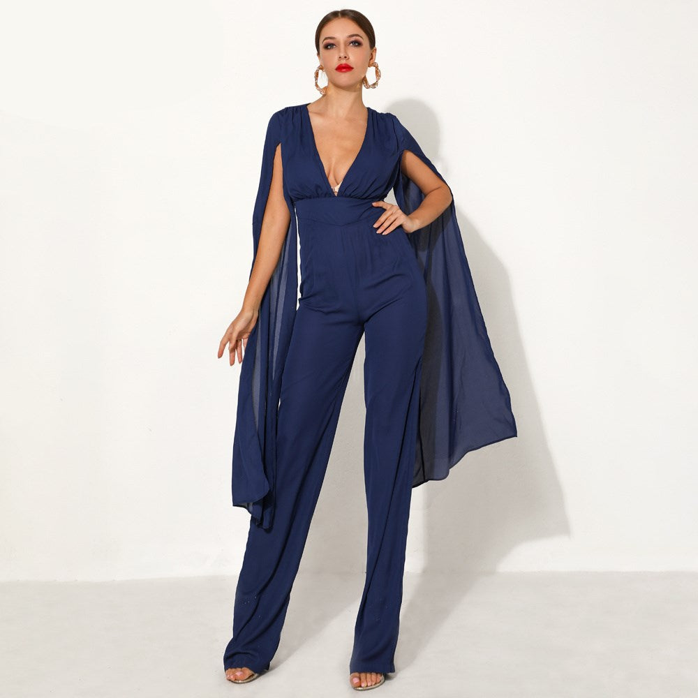 ELEGANTER JUMPSUIT MIT CAPE IN MARINEBLAU