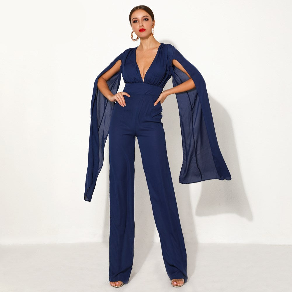 ELEGANTER JUMPSUIT MIT CAPE IN MARINEBLAU
