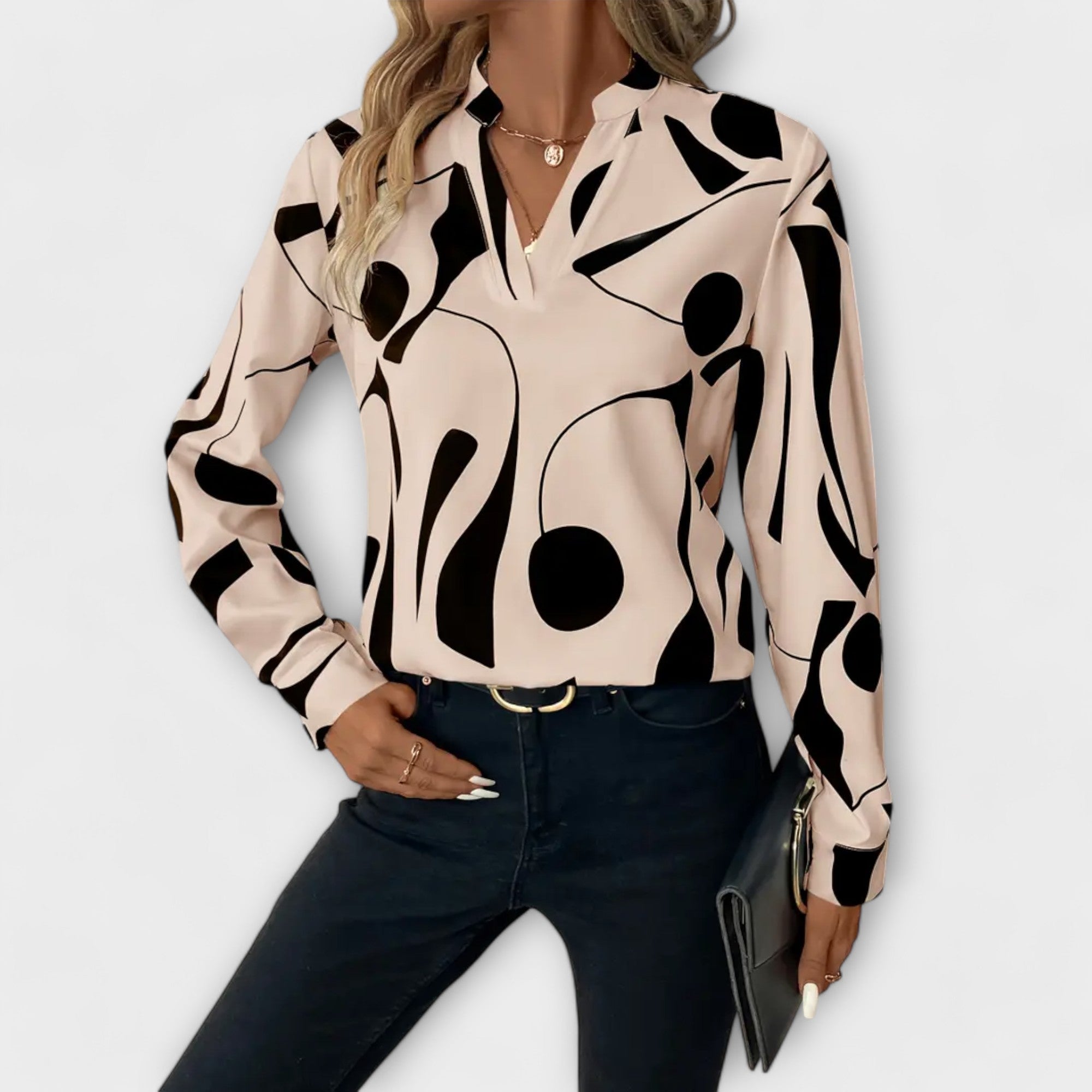 Elegante Damenbluse mit abstraktem Muster und V-Ausschnitt 0