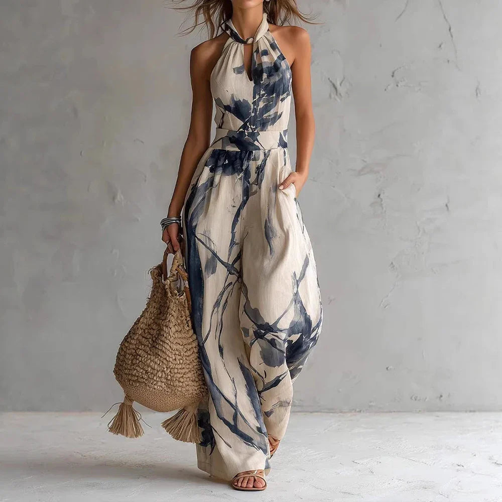 Eleganter Jumpsuit mit Neckholder für Damen – Luftiger Overall mit Print und Weitem Bein 0