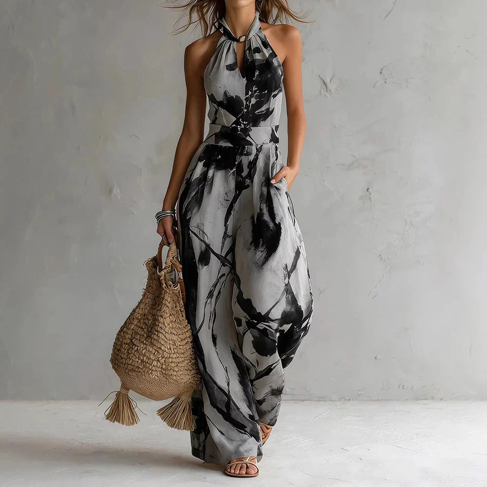 Eleganter Jumpsuit mit Neckholder für Damen – Luftiger Overall mit Print und Weitem Bein 3