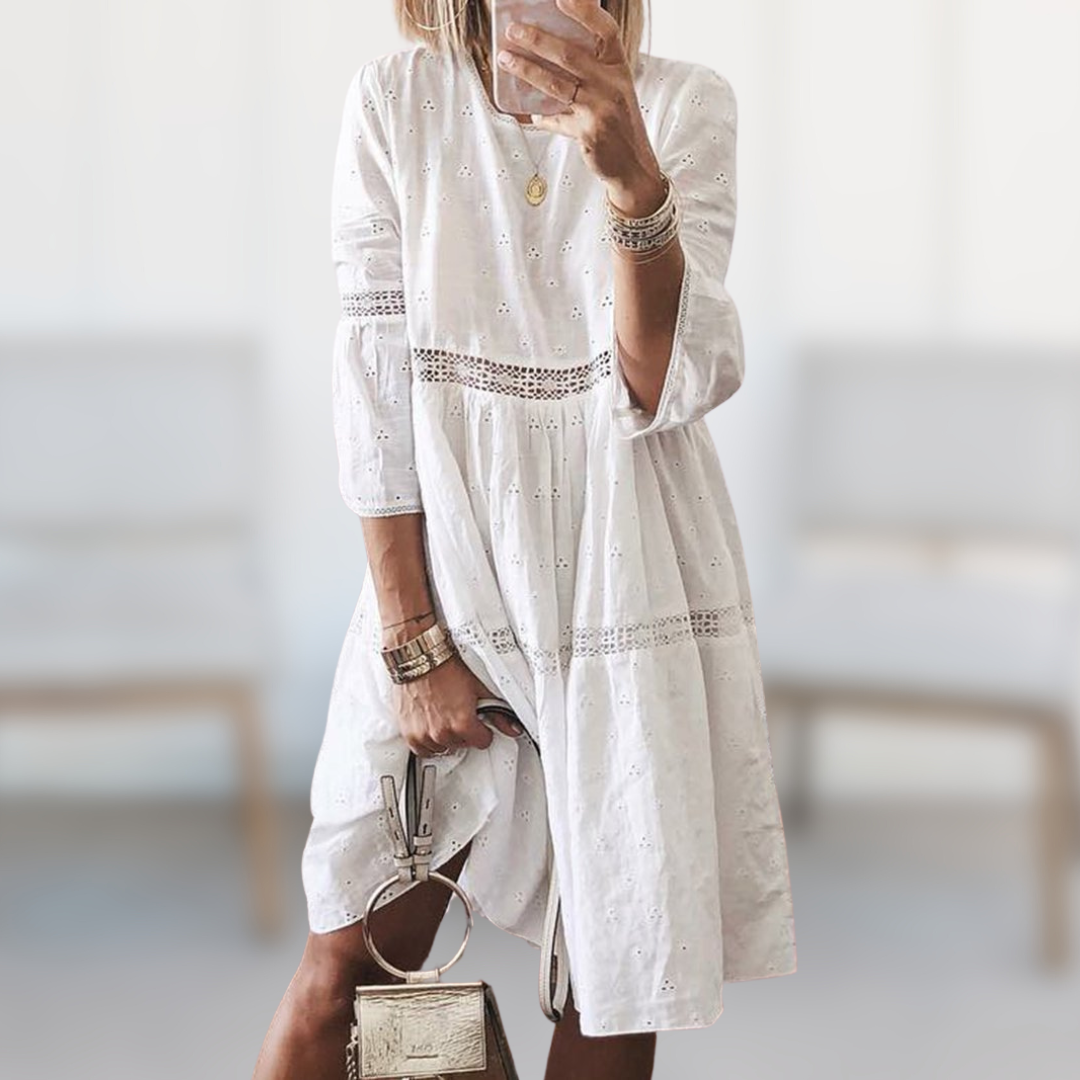 Elegantes Kleid Damen | Sommerkleid mit Lochstickerei & Spitzendetails
