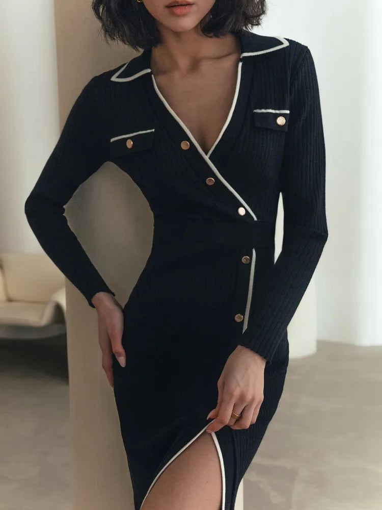Elegantes Patchwork-Strick-Maxikleid