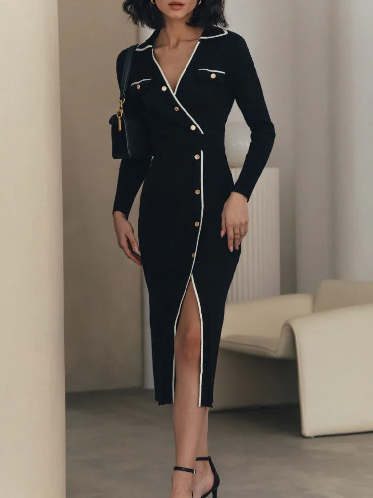 Elegantes Patchwork-Strick-Maxikleid