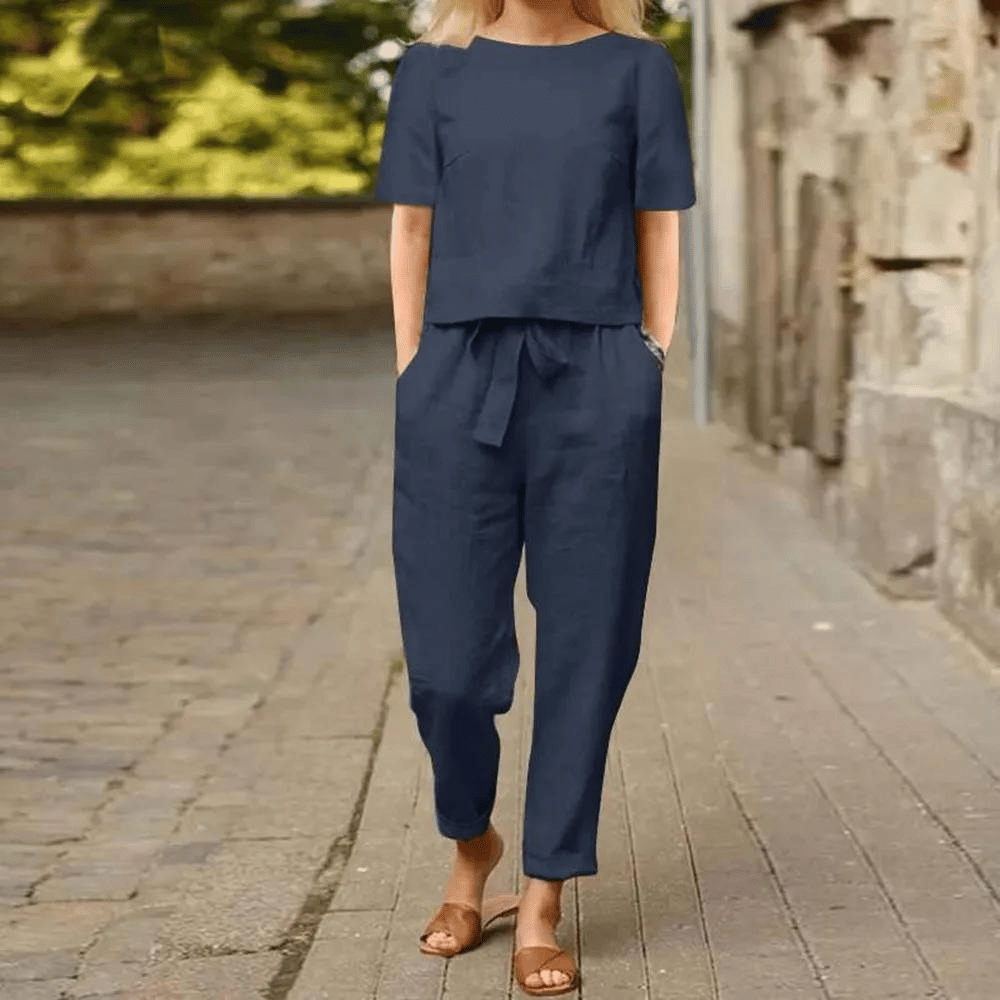 Elegantes Set Damen | Kurzarm-Top & Hose mit Bindegürtel