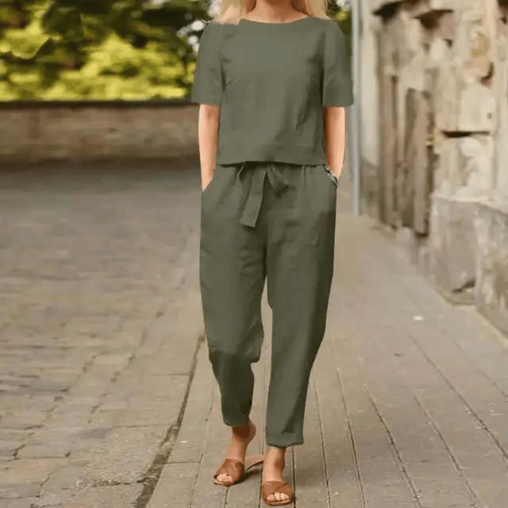 Elegantes Set Damen | Kurzarm-Top & Hose mit Bindegürtel