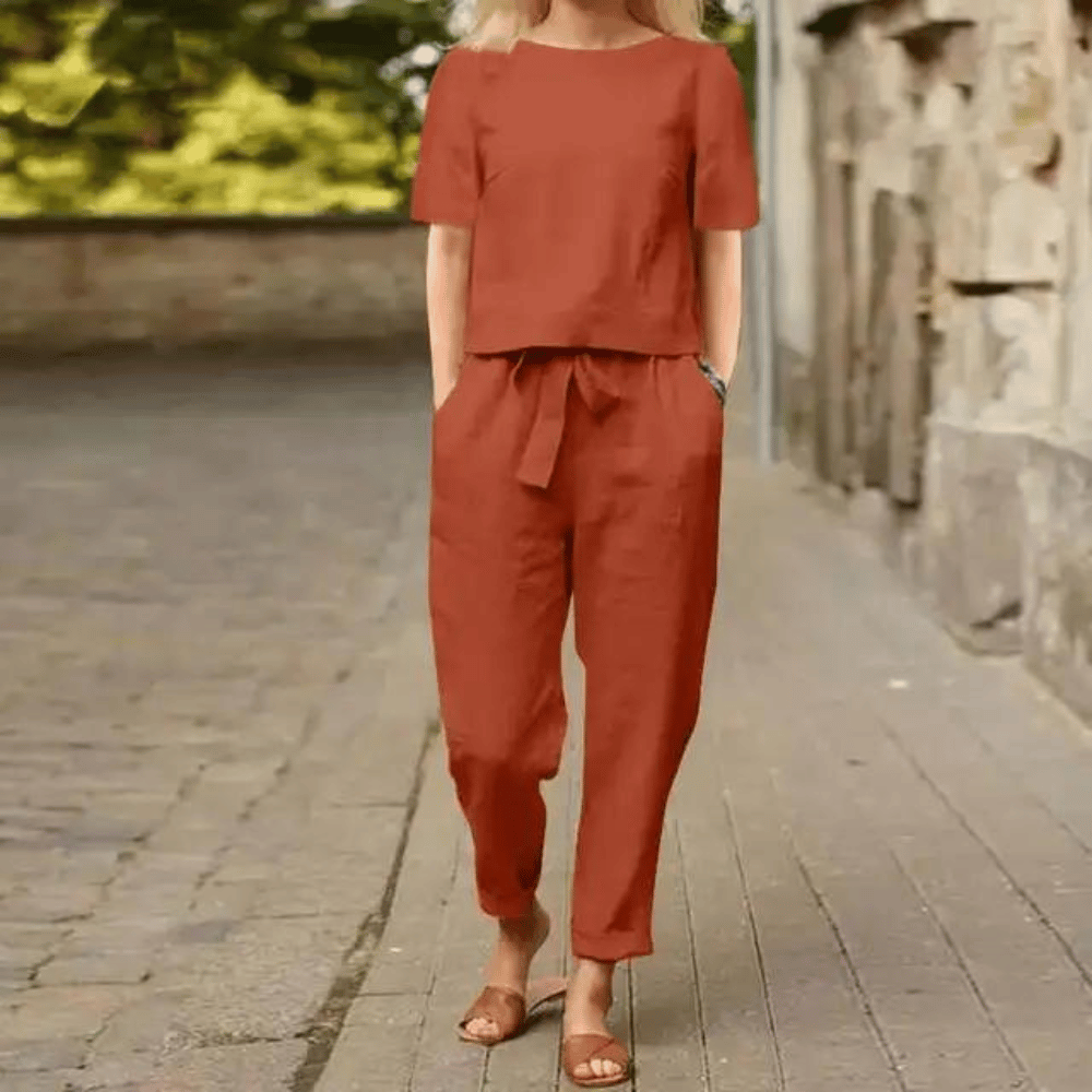 Elegantes Set Damen | Kurzarm-Top & Hose mit Bindegürtel