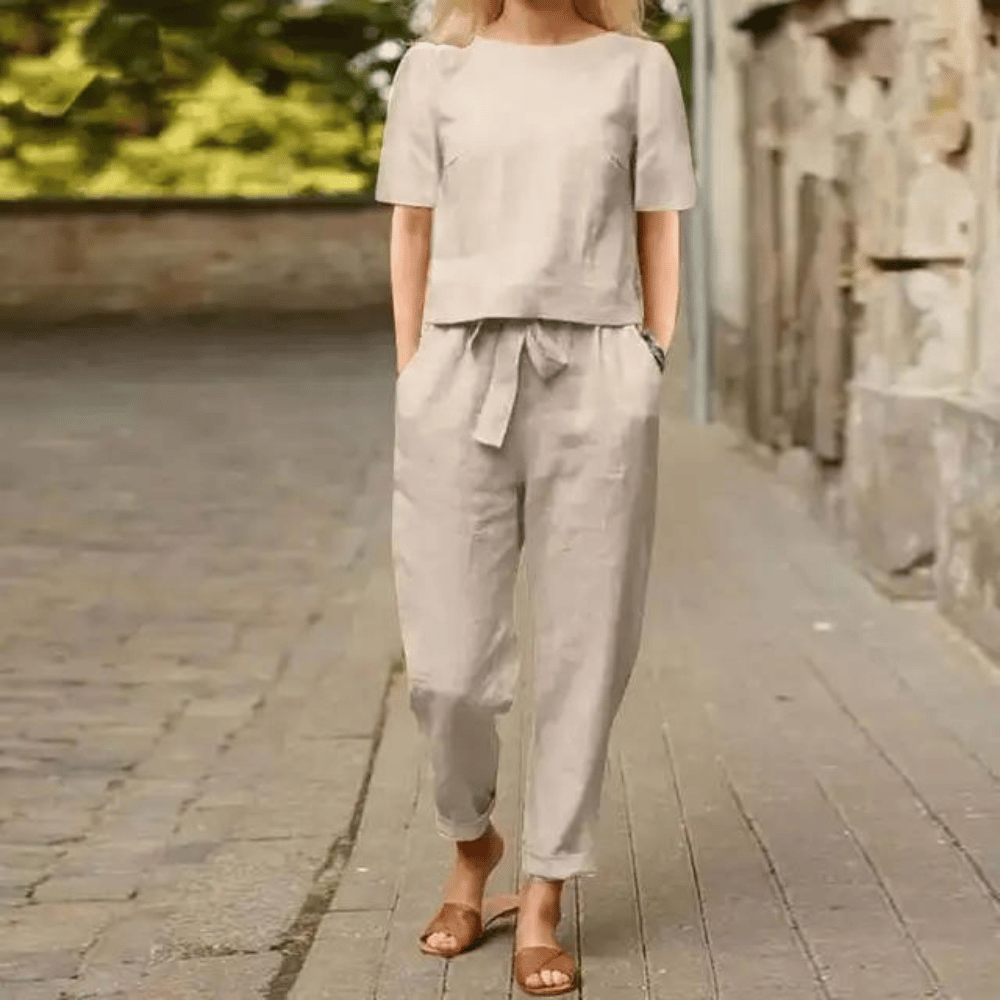Elegantes Set Damen | Kurzarm-Top & Hose mit Bindegürtel