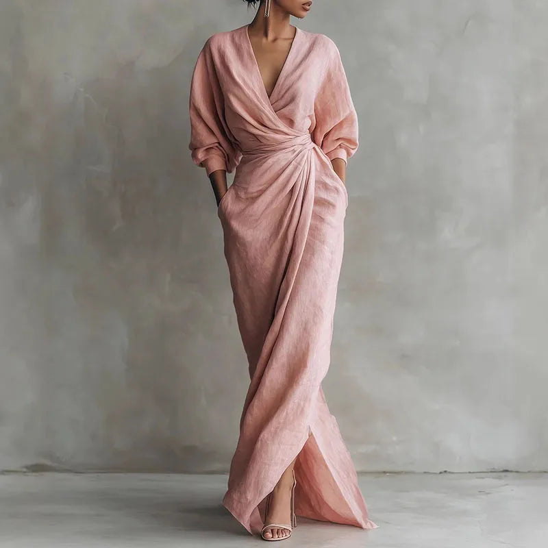 Elegantes Maxikleid mit Drapierung für Damen – Figurbetontes Wickelkleid mit V-Ausschnitt 0