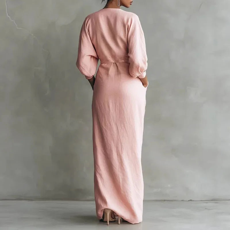 Elegantes Maxikleid mit Drapierung für Damen – Figurbetontes Wickelkleid mit V-Ausschnitt 1