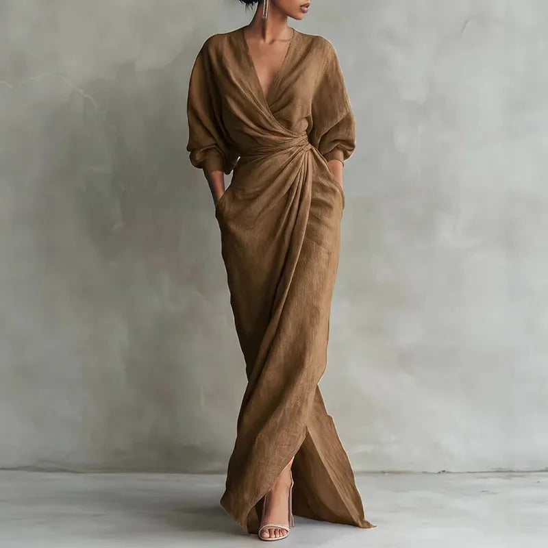 Elegantes Maxikleid mit Drapierung für Damen – Figurbetontes Wickelkleid mit V-Ausschnitt 2