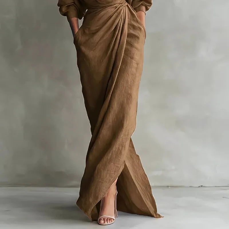 Elegantes Maxikleid mit Drapierung für Damen – Figurbetontes Wickelkleid mit V-Ausschnitt 3