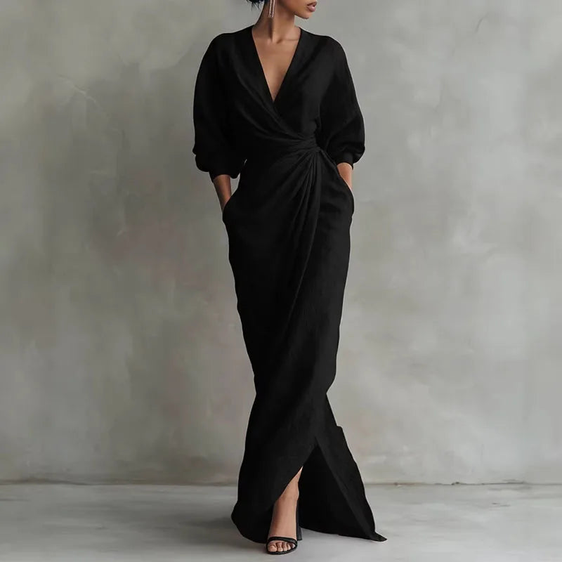 Elegantes Maxikleid mit Drapierung für Damen – Figurbetontes Wickelkleid mit V-Ausschnitt 4