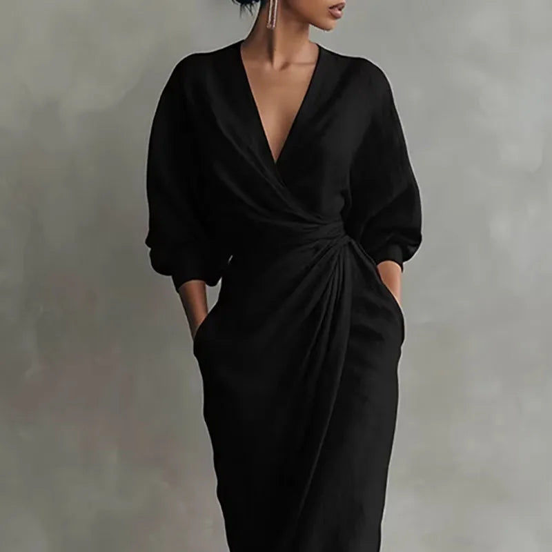 Elegantes Maxikleid mit Drapierung für Damen – Figurbetontes Wickelkleid mit V-Ausschnitt 5
