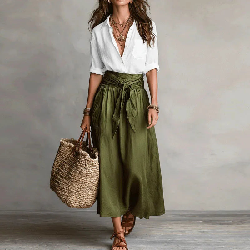 Elegantes Zweiteiler Set mit Bluse für Damen – Fließender Maxirock mit Bindegürtel 2