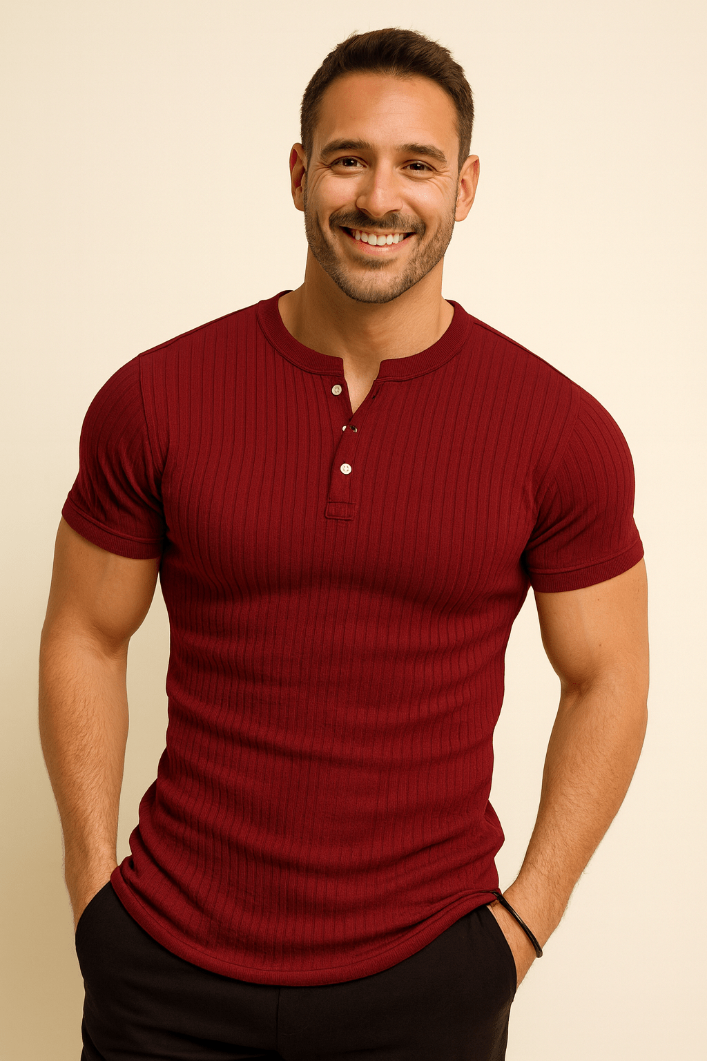 Emiel Geripptes Kurzarm-Henley-Shirt 2