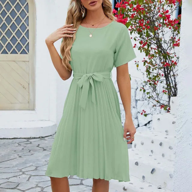 Fiete | Luftiges Damen Leinenkleid mit Taillengürtel, Kurzarm & Faltenrock – Sommerliches Midi-Kleid in Unifarbe 0