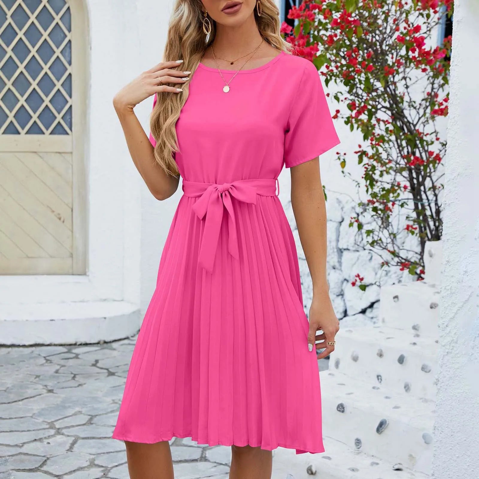 Fiete | Luftiges Damen Leinenkleid mit Taillengürtel, Kurzarm & Faltenrock – Sommerliches Midi-Kleid in Unifarbe 4