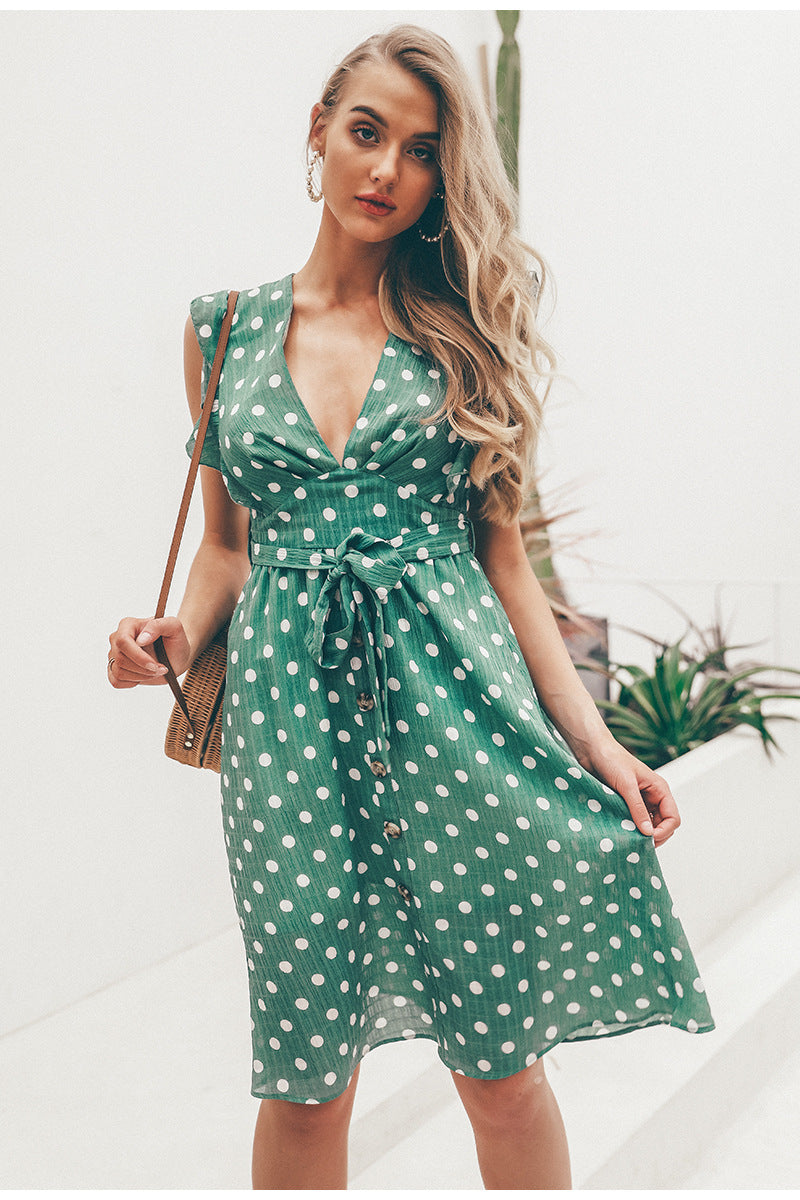 GRÜNES POLKA-DOT-KLEID MIT V-AUSSCHNITT