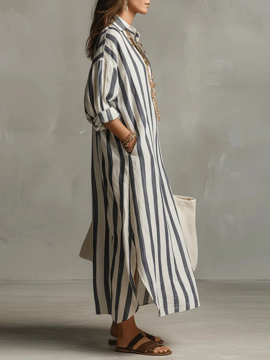 Gestreiftes Maxikleid mit Hemdkragen für Damen – Luftiges Oversize Sommerkleid mit Taschen 1