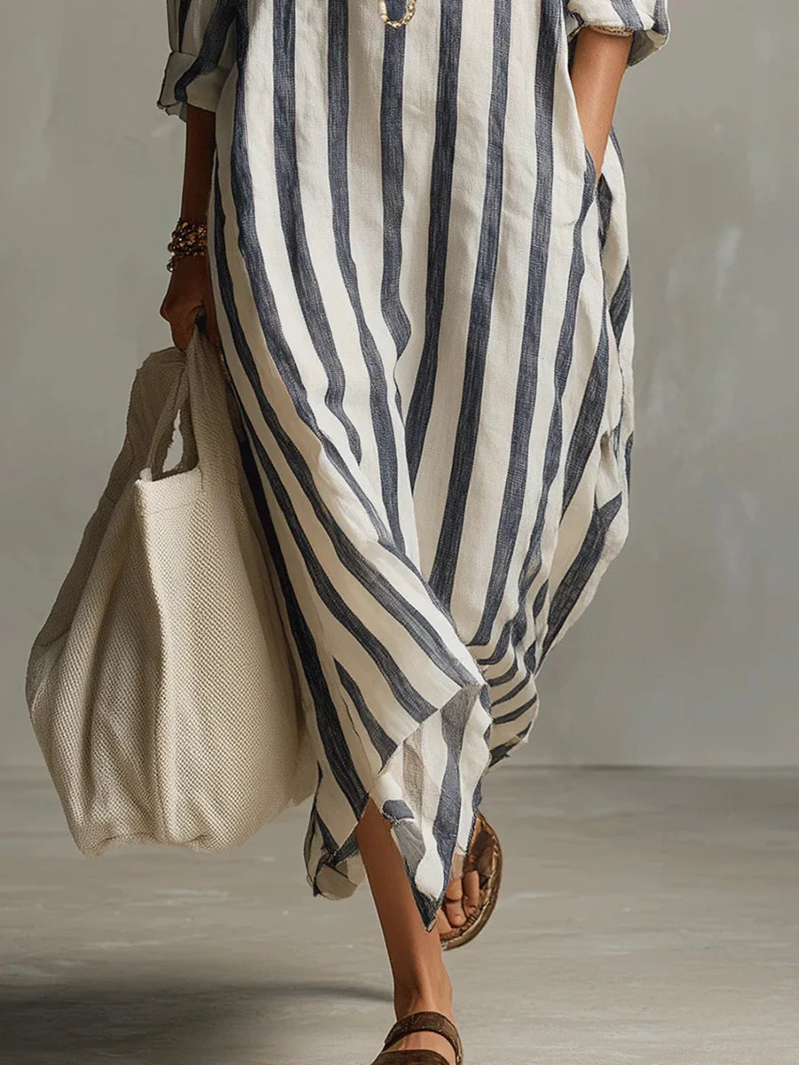 Gestreiftes Maxikleid mit Hemdkragen für Damen – Luftiges Oversize Sommerkleid mit Taschen 3