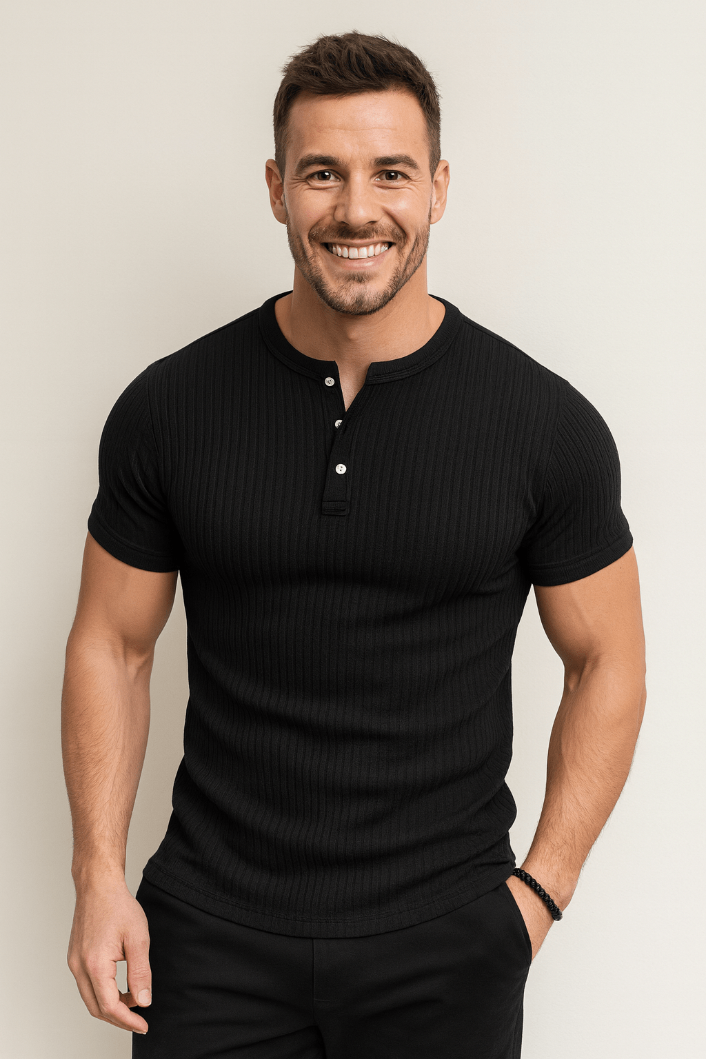 Emiel Geripptes Kurzarm-Henley-Shirt 0