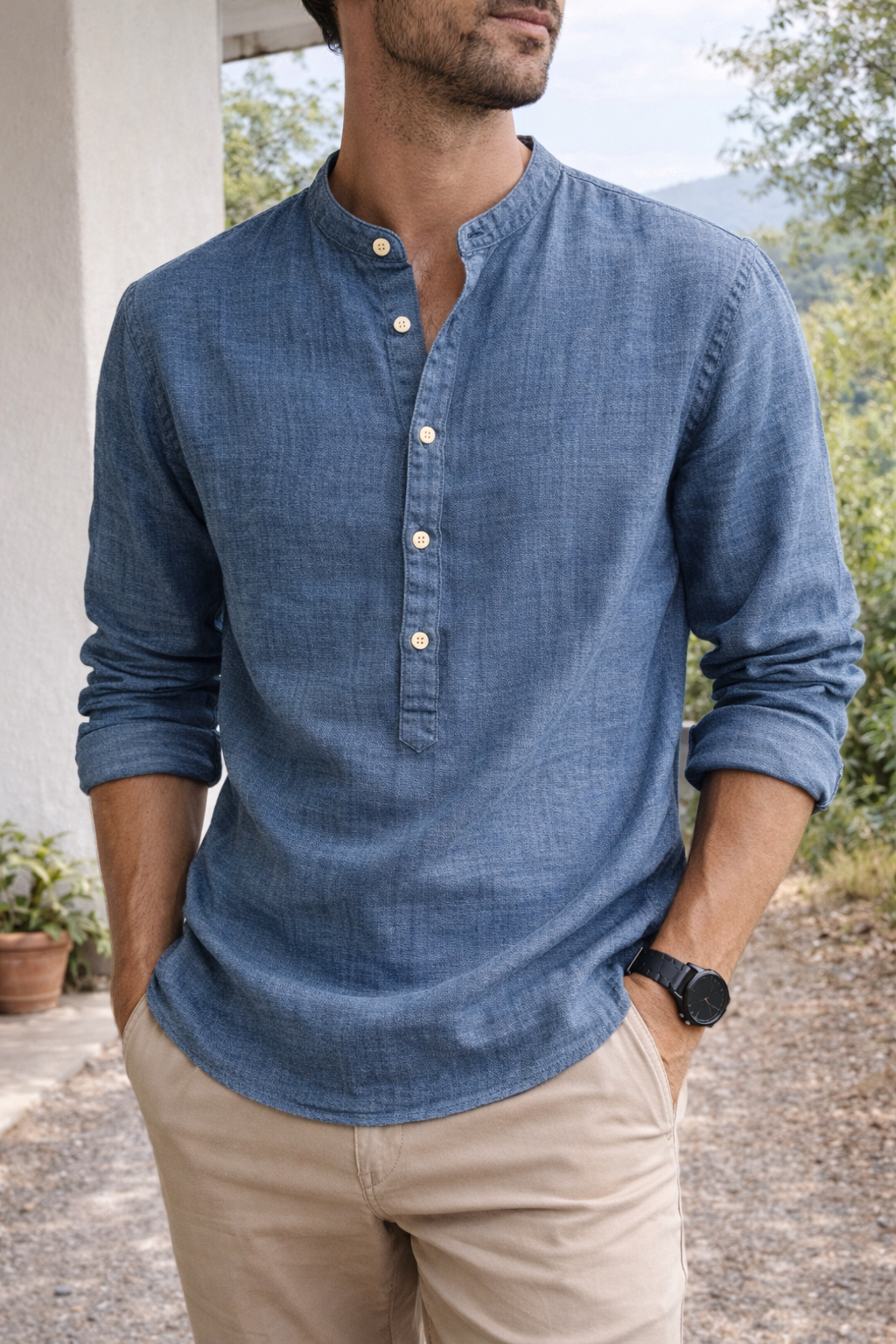 Henley Shirt Herren | Stehkragen & Knopfleiste