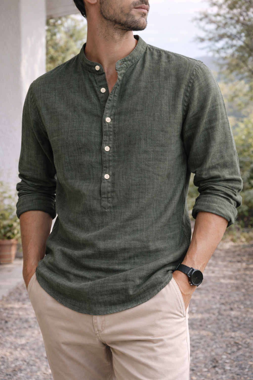 Henley Shirt Herren | Stehkragen & Knopfleiste