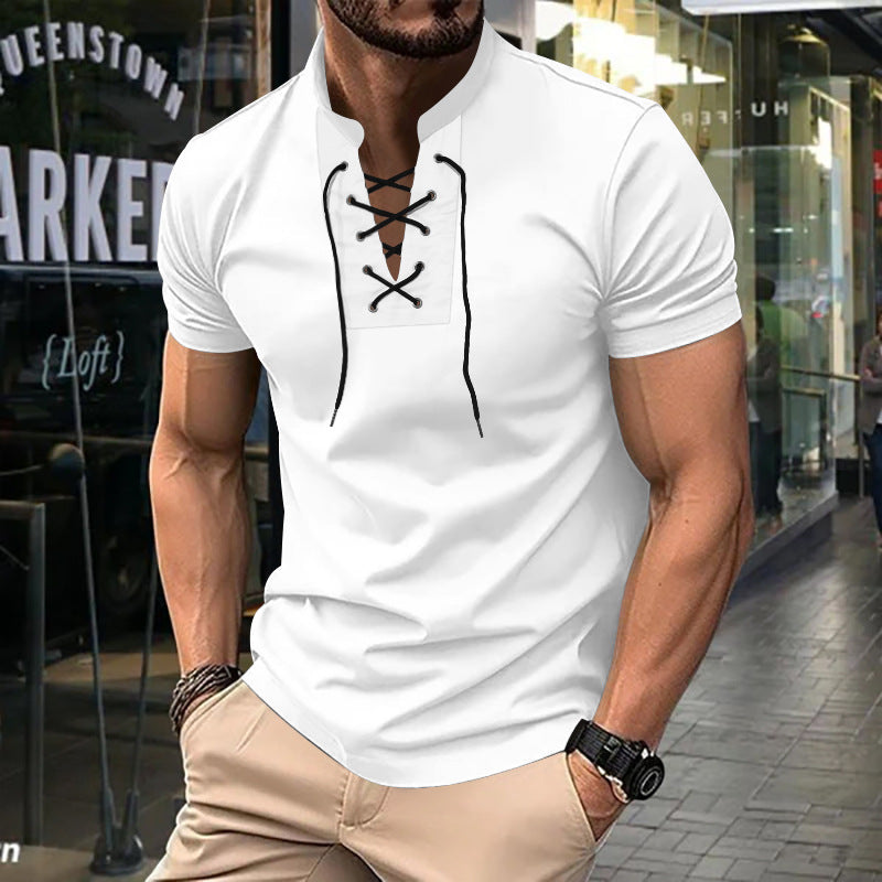 Herren Kurzarm-Henley-Shirt mit modernem Schnürdesign Echoarchiv 1