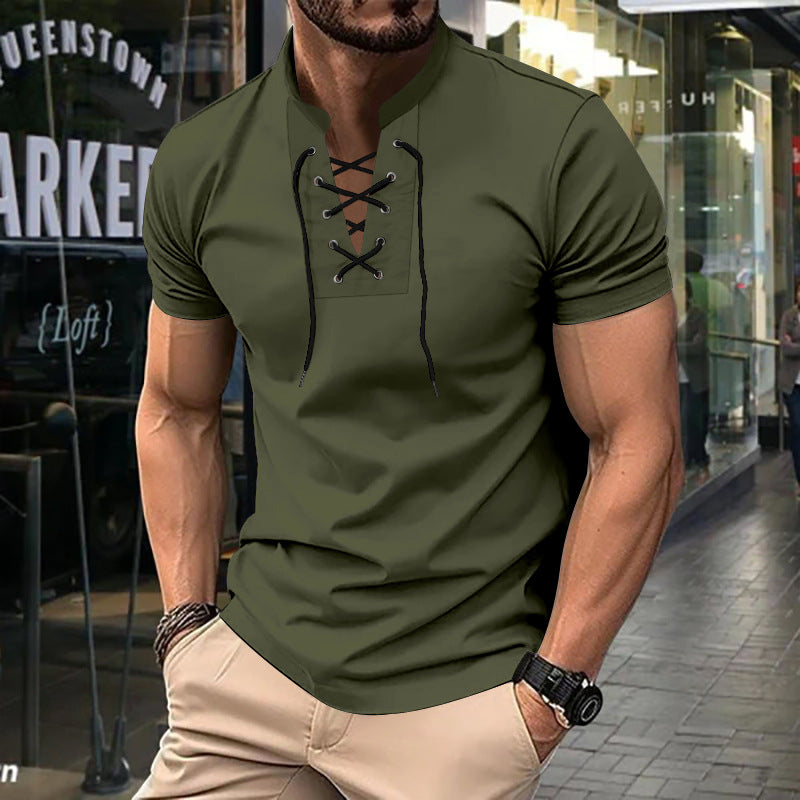 Herren Kurzarm-Henley-Shirt mit modernem Schnürdesign Echoarchiv 2
