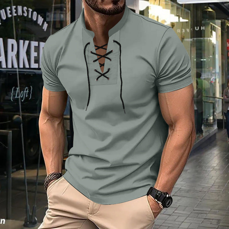 Herren Kurzarm-Henley-Shirt mit modernem Schnürdesign Echoarchiv 5