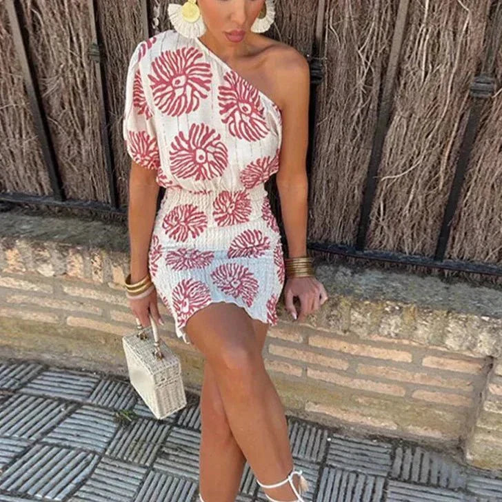 Hochzeitsgast Kleid Damen | One-Shoulder Sommerkleid mit Boho-Print
