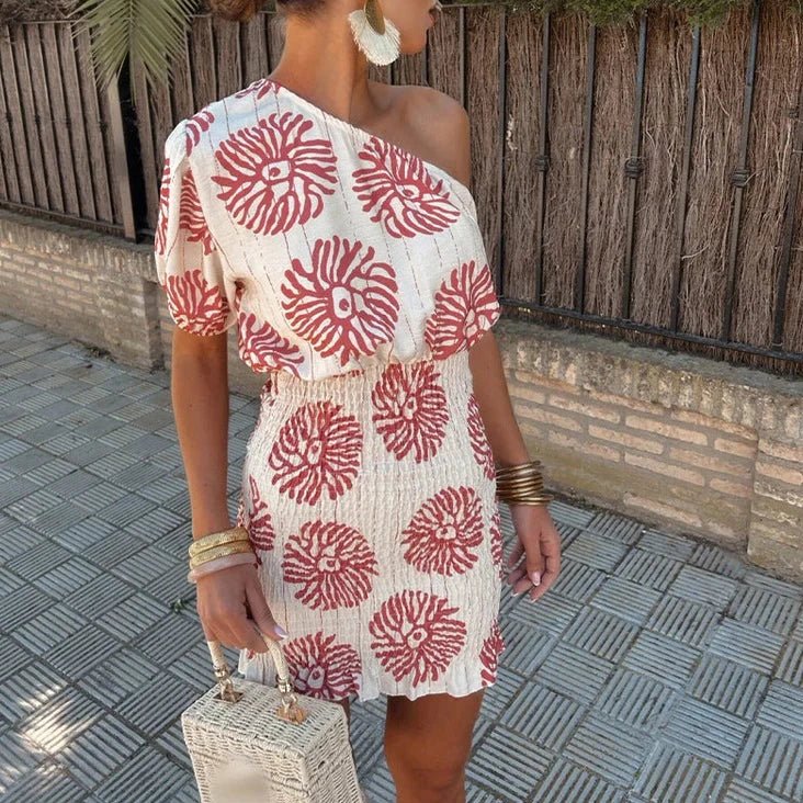 Hochzeitsgast Kleid Damen | One-Shoulder Sommerkleid mit Boho-Print