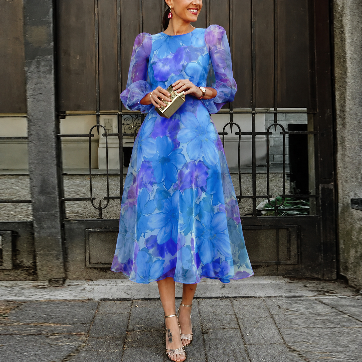 Hochzeitsgast Kleid Damen | Romantisches Blumenkleid mit Puffärmeln