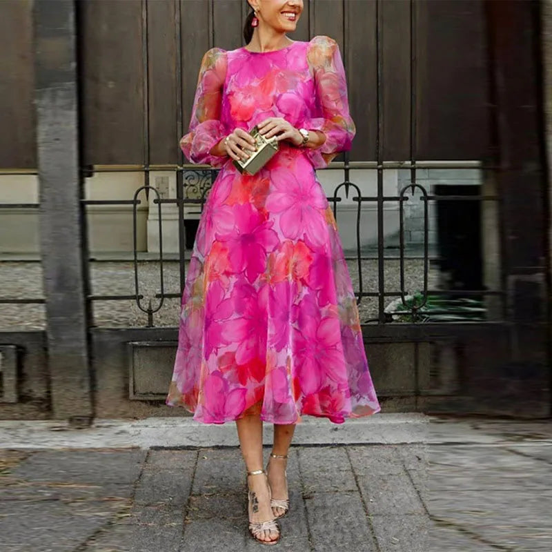 Hochzeitsgast Kleid Damen | Romantisches Blumenkleid mit Puffärmeln