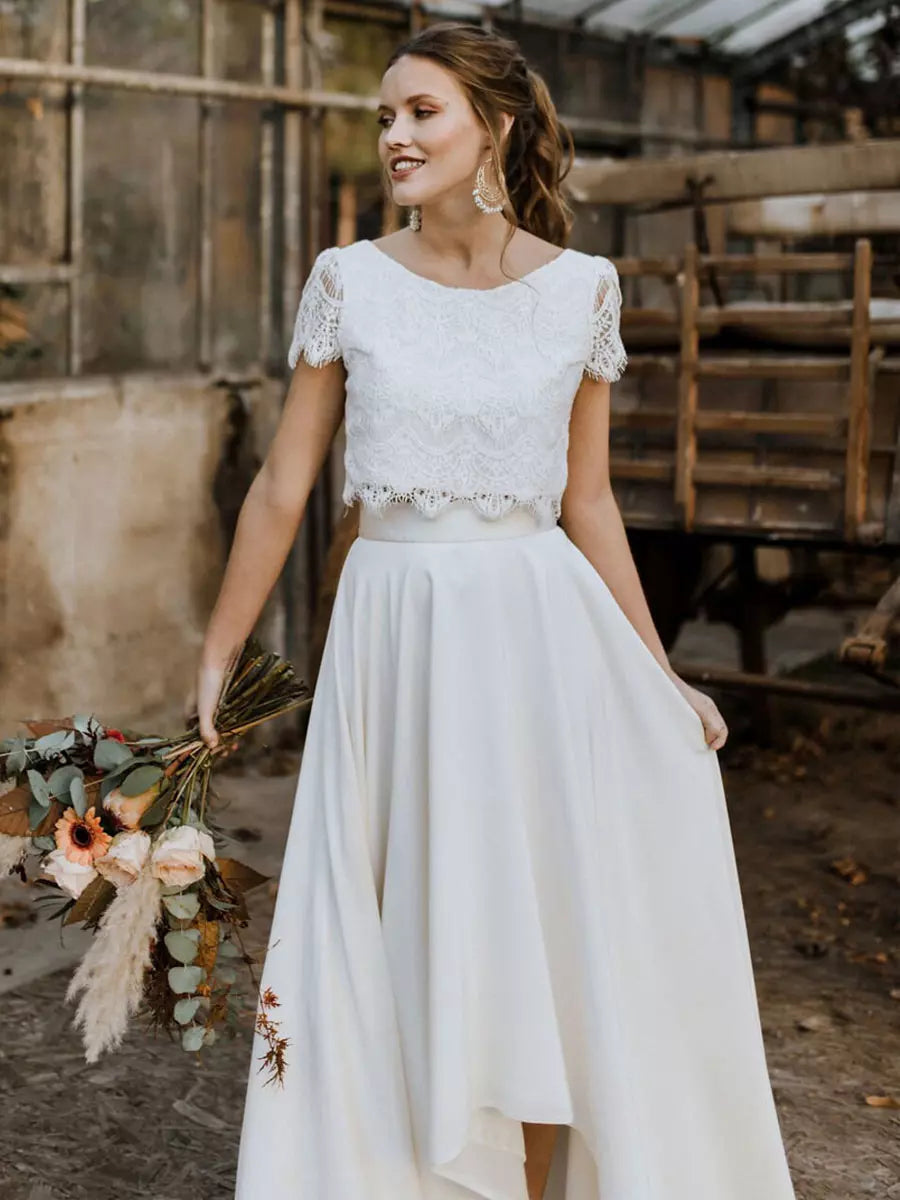 Hochzeitskleid Damen | Zweiteiler mit Spitzenoberteil & Vokuhila-Rock