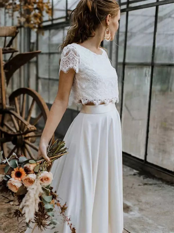 Hochzeitskleid Damen | Zweiteiler mit Spitzenoberteil & Vokuhila-Rock