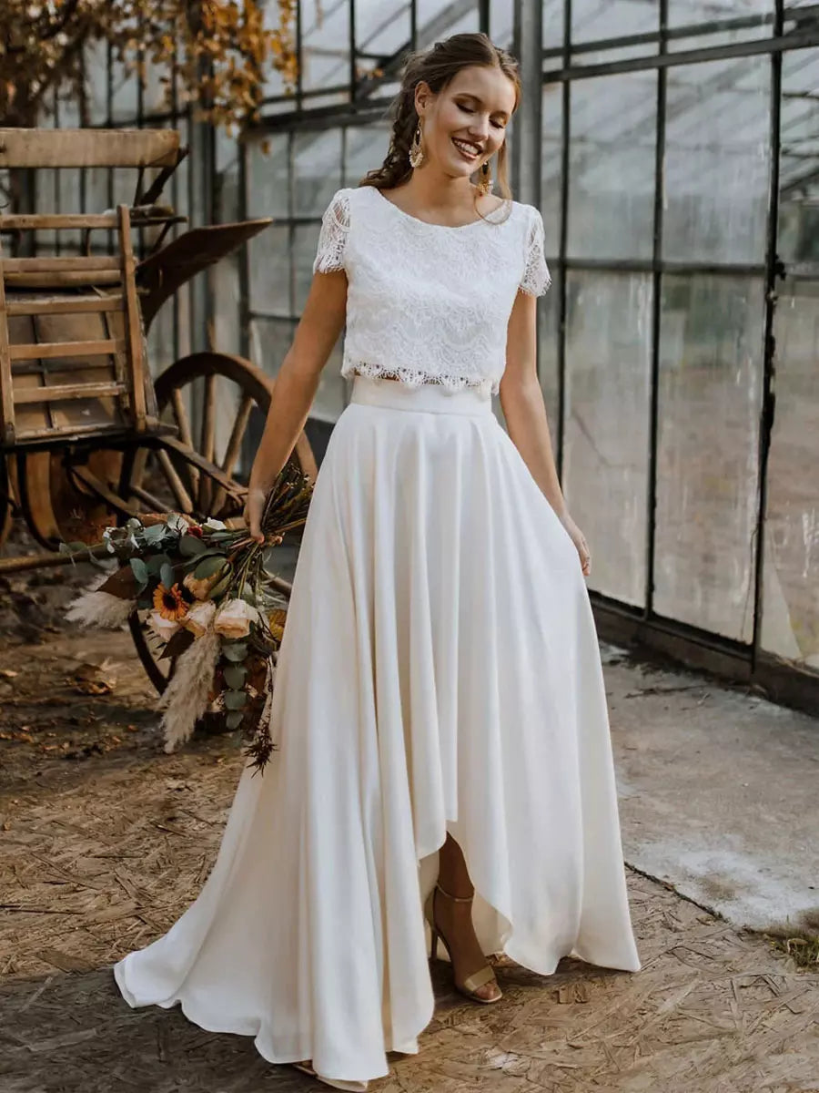 Hochzeitskleid Damen | Zweiteiler mit Spitzenoberteil & Vokuhila-Rock