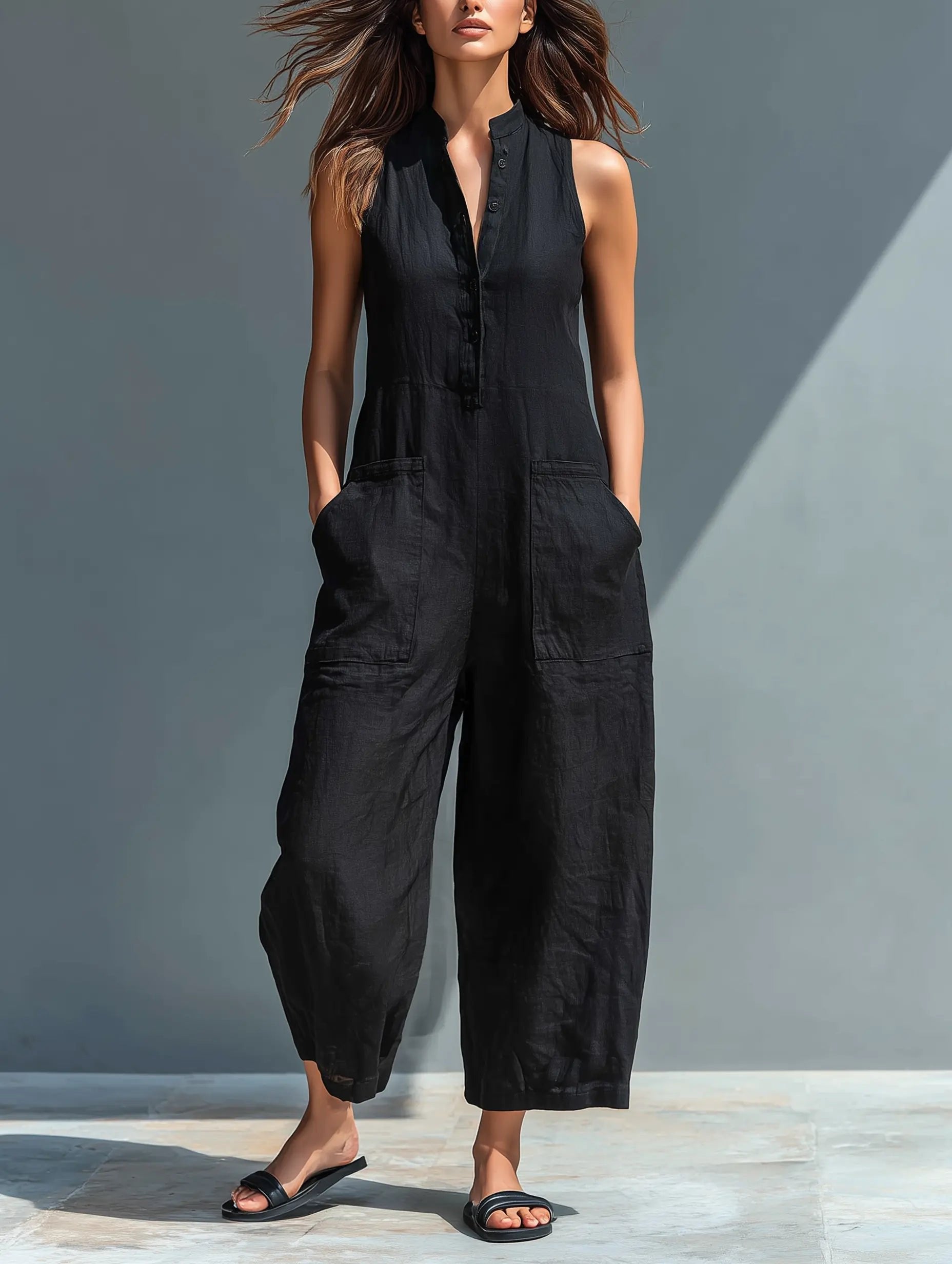 Jumpsuit Damen | Ärmelloser Einteiler mit Stehkragen