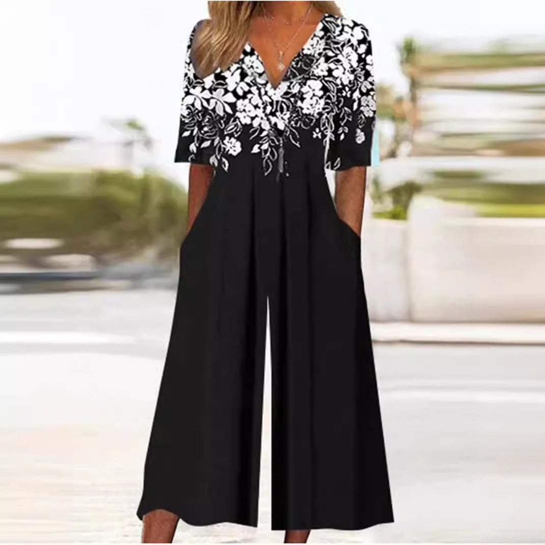 Jumpsuit Damen | Boho Blumenmuster, V-Ausschnitt & weites Bein