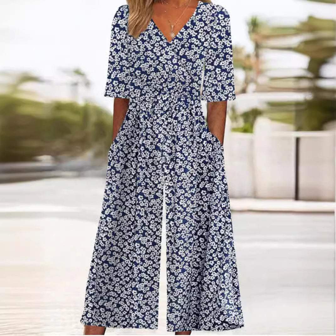 Jumpsuit Damen | Boho Blumenmuster, V-Ausschnitt & weites Bein
