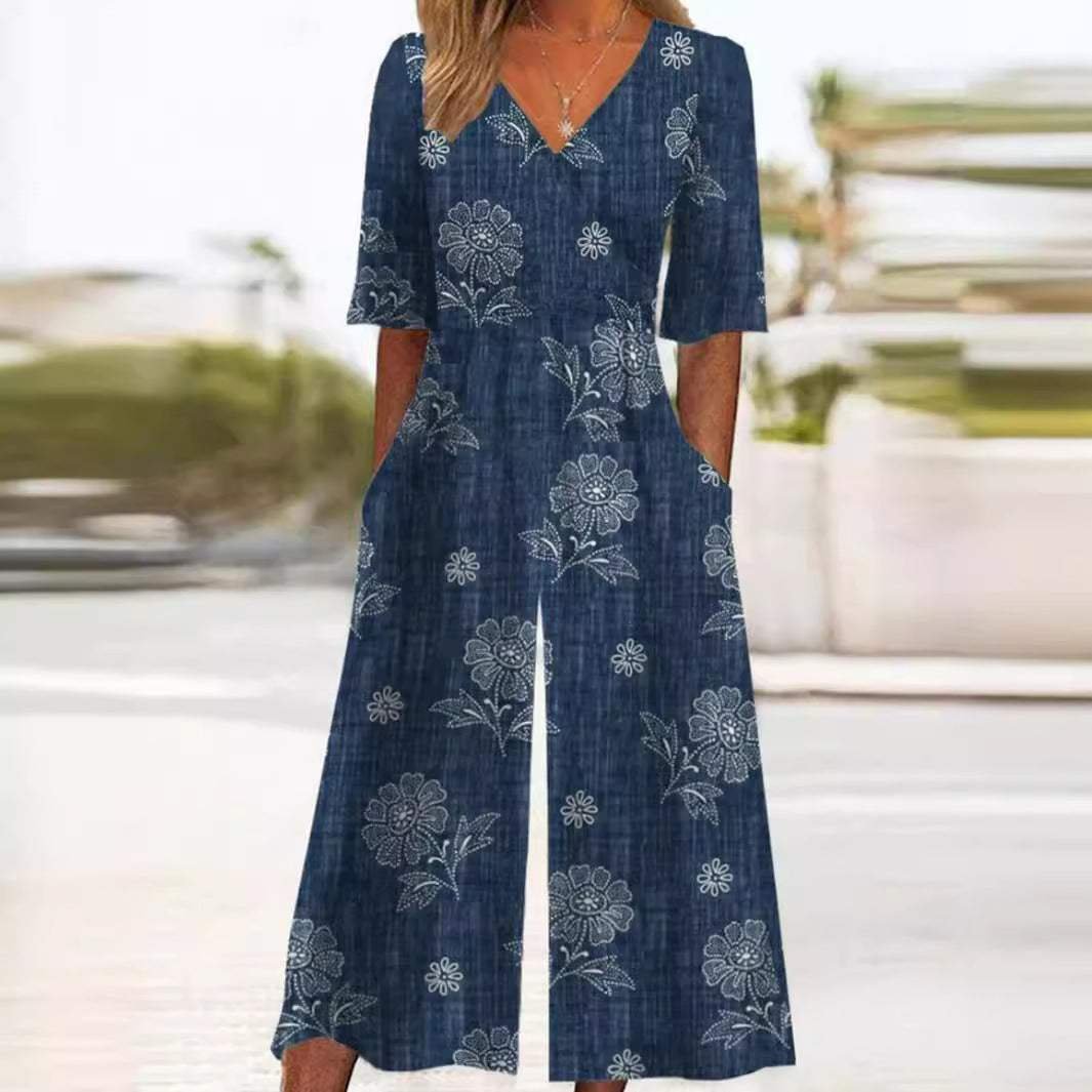 Jumpsuit Damen | Boho Blumenmuster, V-Ausschnitt & weites Bein