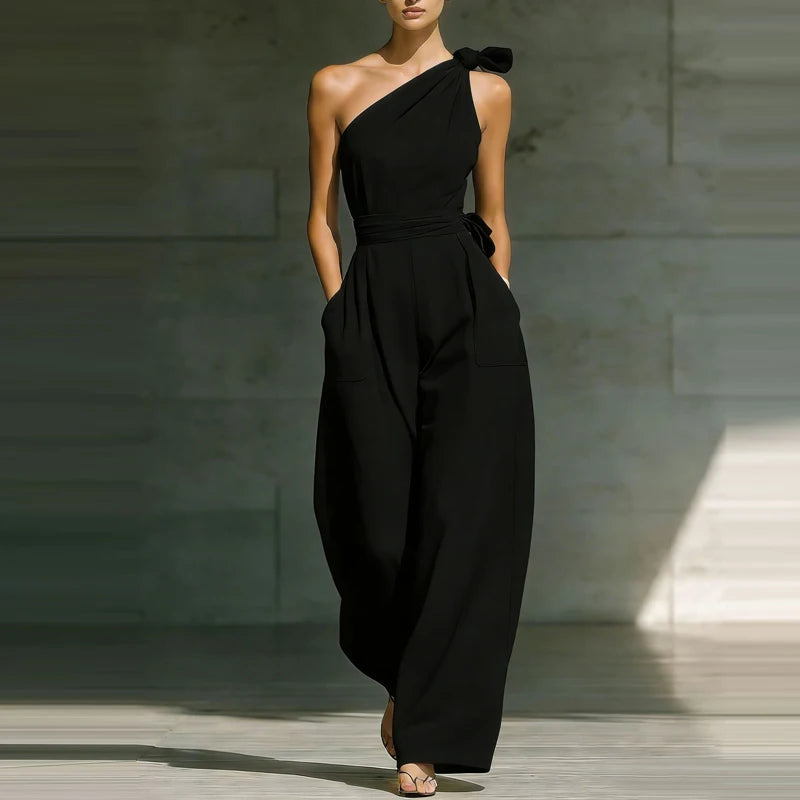 Jumpsuit Damen | Festlich One-Shoulder mit Schleife & Weitem Bein