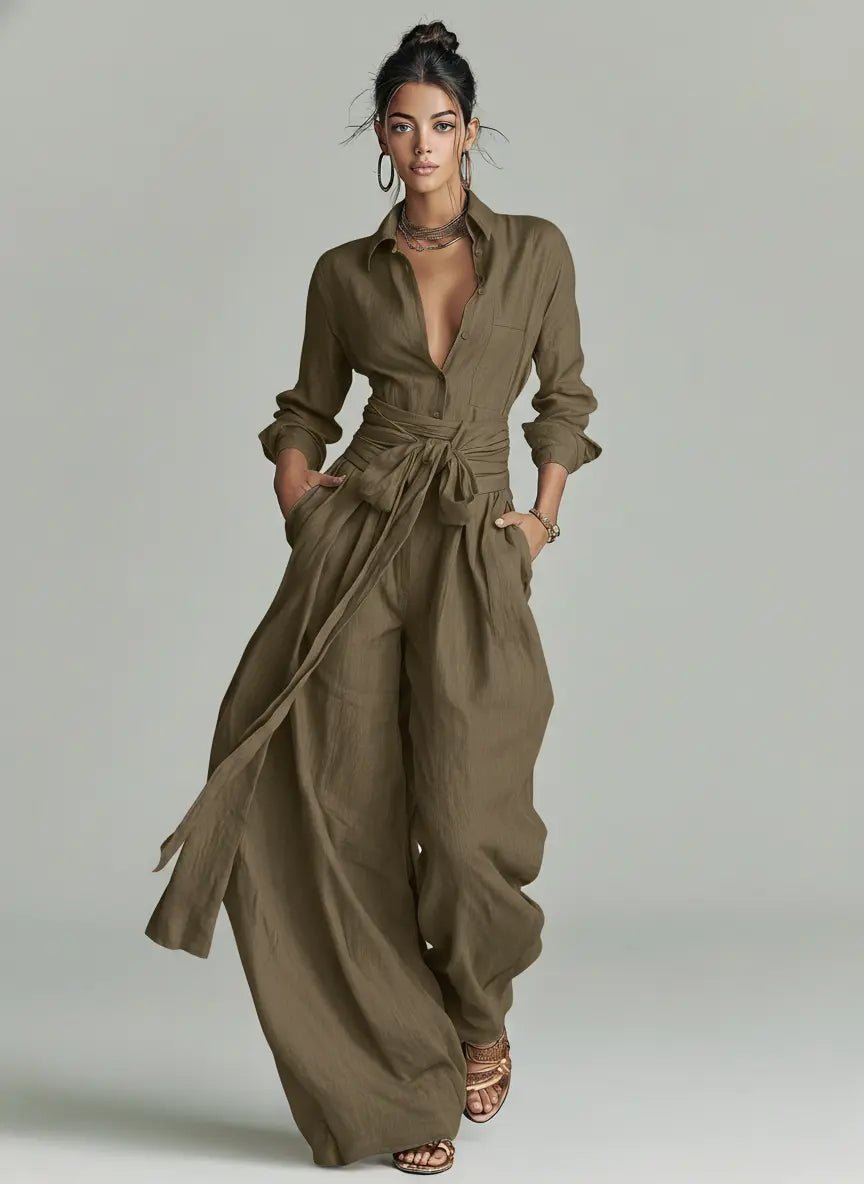 Jumpsuit Damen | Langarm Hemdkragen mit Bindegürtel & Weitem Bein