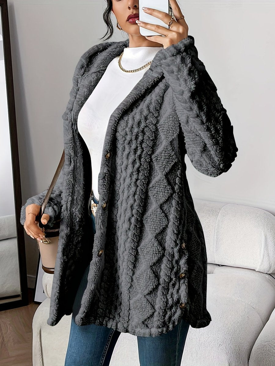 Damen Flauschiger Kapuzen-Cardigan Oversized Geknöpft - Gray