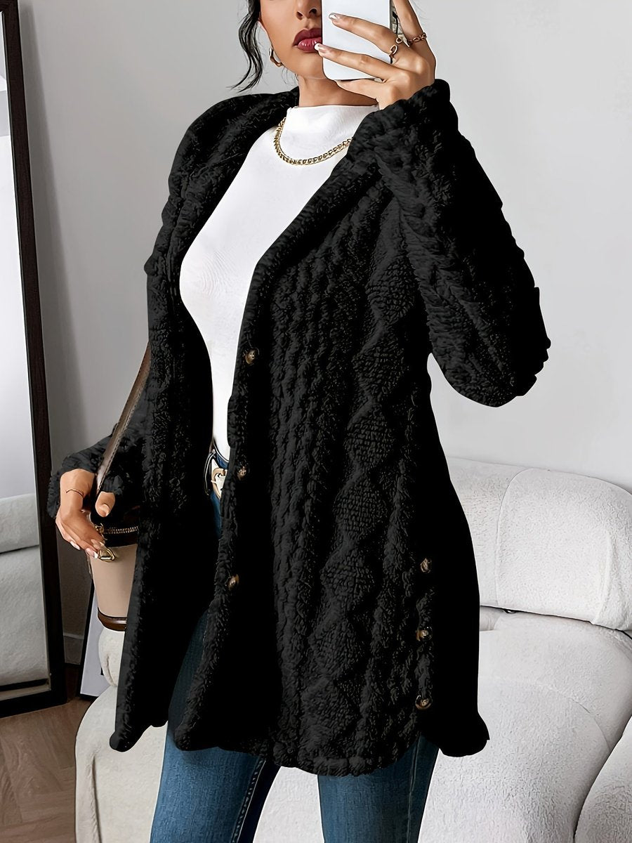 Damen Flauschiger Kapuzen-Cardigan Oversized Geknöpft - Black