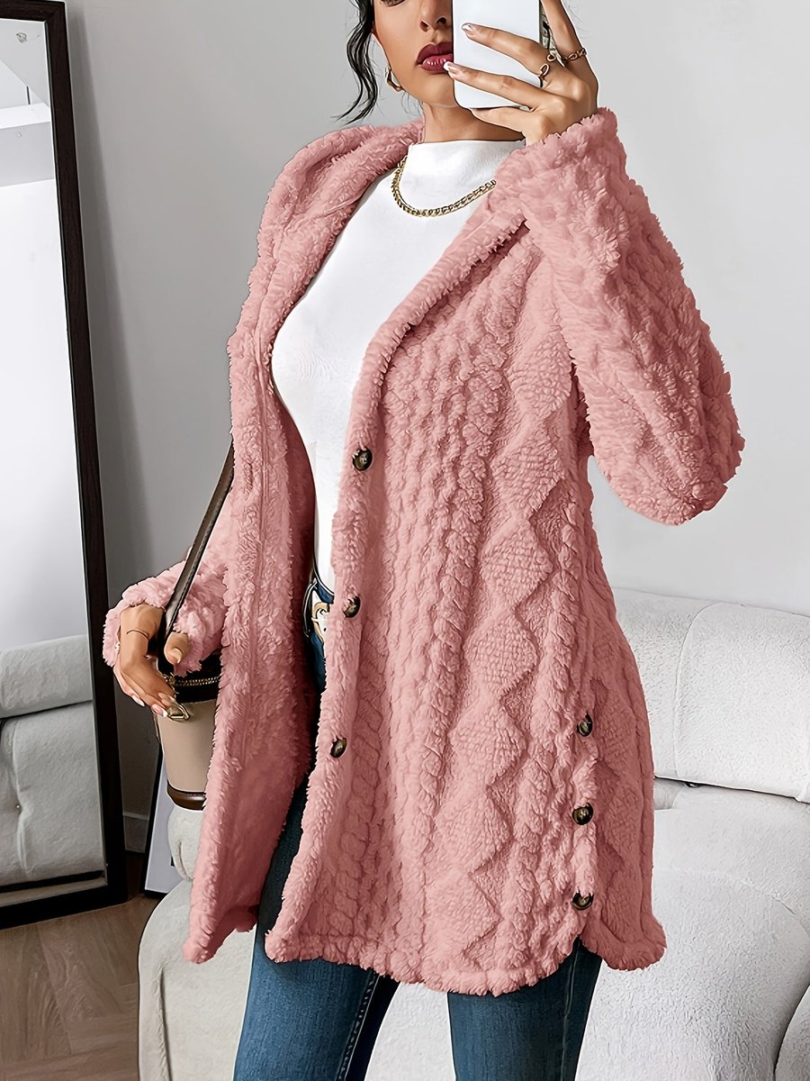Damen Flauschiger Kapuzen-Cardigan Oversized Geknöpft - Pink