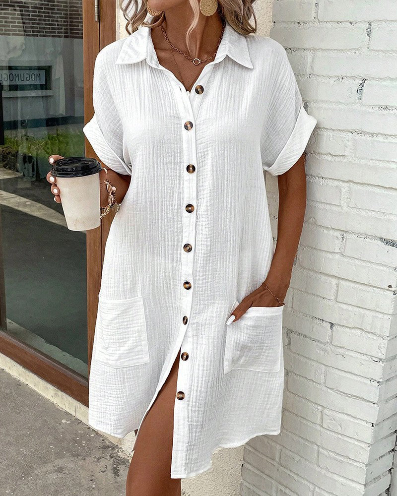 Knielanges Hemdkleid - Luftiges Sommerkleid aus Rayon und Baumwolle mit Taschen & Schnalle